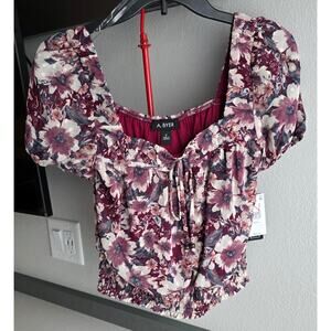 Moody Floral Puff Sleeve Peasant Blouse Smocked Hem Tie Front Cottagecore Small